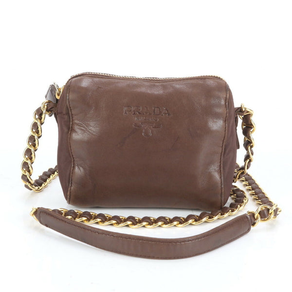 Prada Gold Chain Leather Shoulder Bag, Crossbody Handbag, Tote Brown, Women's