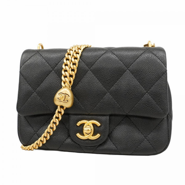 Chanel Matelasse Shoulder Bag with Chain, Caviar Skin, Black, Women's
