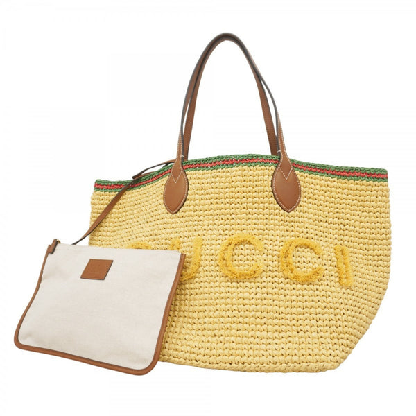 Gucci Sherry Line Tote Bag 834971 Straw Beige Champagne Women's