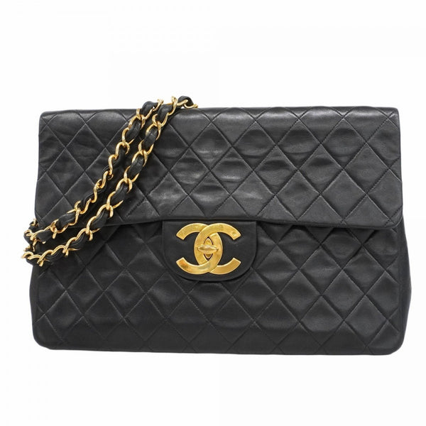 Chanel Shoulder Bag, Large Matelasse, Double Chain, Lambskin, Black, Women's