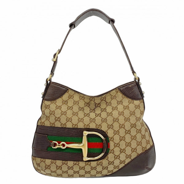 Gucci GG Canvas Sherry Line Horsebit Shoulder Bag 137388 Brown Beige Women's