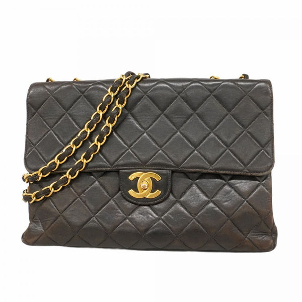Chanel Shoulder Bag, Large Matelasse, Double Chain, Lambskin, Black, Women's