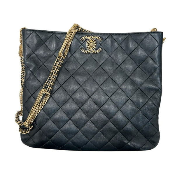 CHANEL Matelasse Chain Hobo Bag in Black Calfskin with Gold Plated Coco Mark and Logo. Women's.