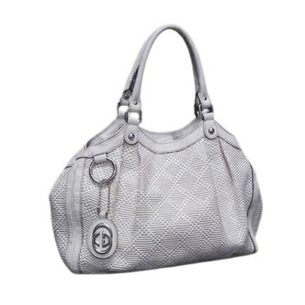 GUCCI Guccissima Diamante Handbag 211944 Ivory Straw x Leather Women's