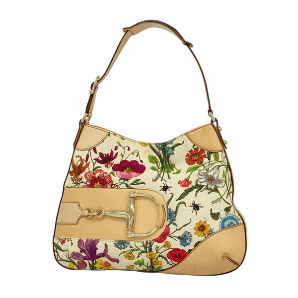 Gucci Horsebit Shoulder Bag 137388 Canvas Beige Multicolor Champagne Women's
