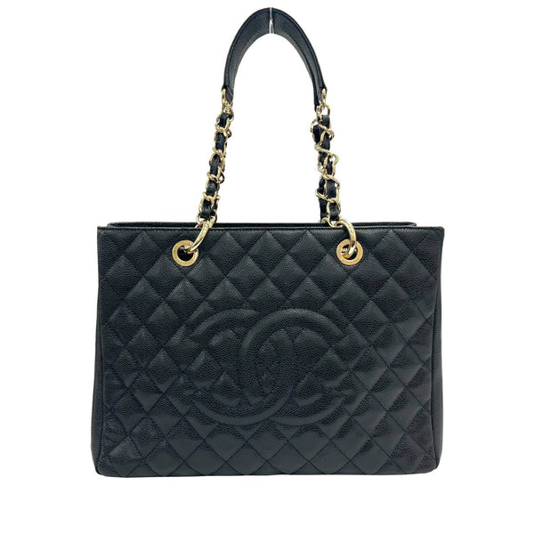 CHANEL GST Tote Bag, Chain Shoulder Black, Caviar Leather, Coco Mark, Matelasse, Women's, No. 17