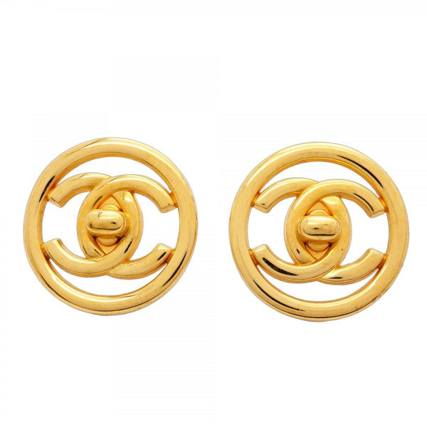 Chanel Coco Mark Turn Lock Earrings, GP Plated Gold, Women's