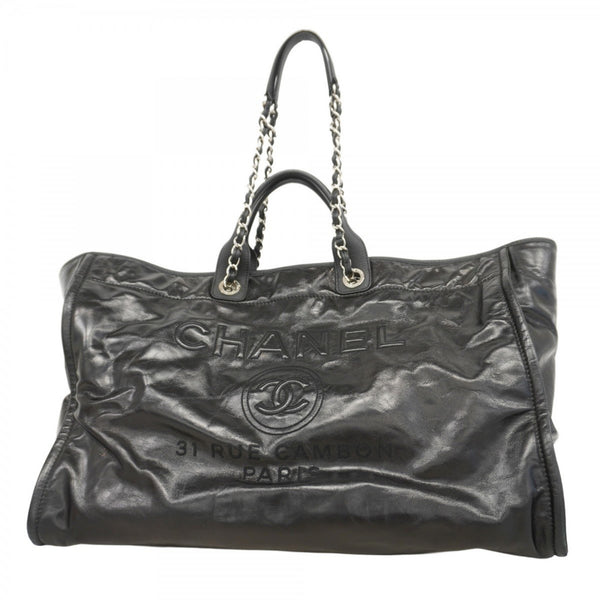 Chanel Deauville Tote Bag with Chain Shoulder Strap, Black Calfskin, Women's