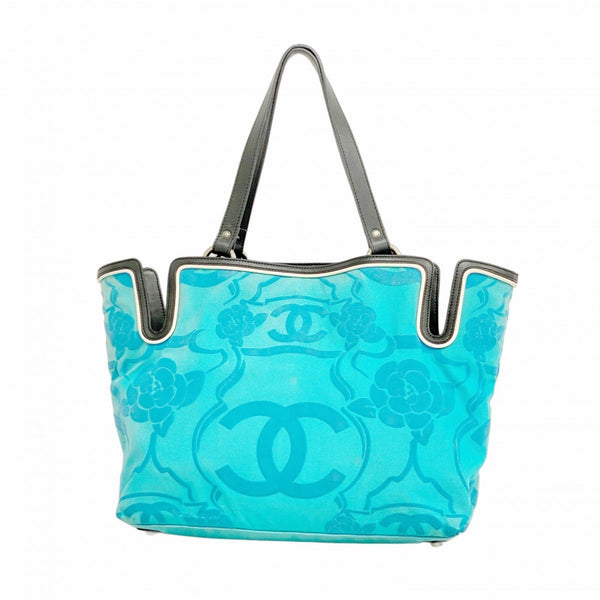 Chanel Camellia Tote Bag, Canvas, Turquoise Blue, Black, Women's