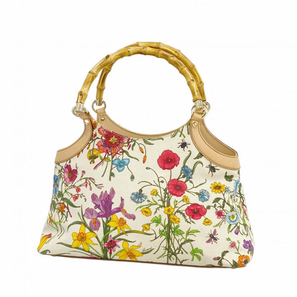 Gucci Bamboo Flora Handbag 137395 Canvas Beige Multicolor Women's